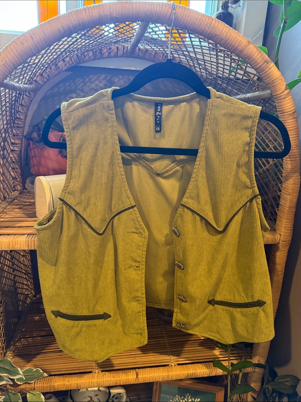 Corduroy Olive Vest with Contrast Trim - Women